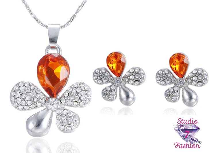 Retro Flower Orange Rhinestone Necklace Earring Set