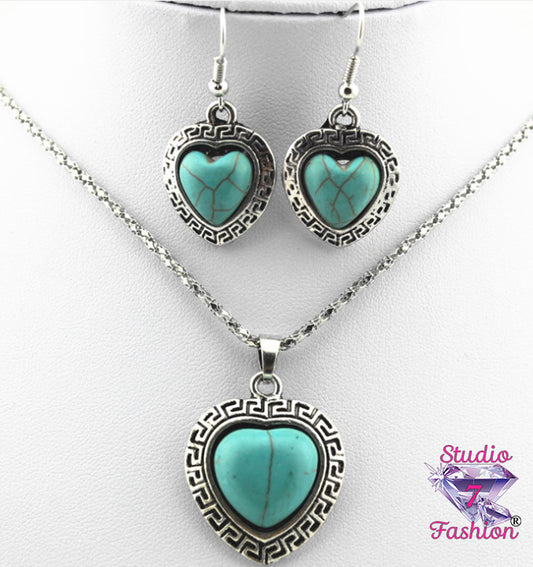 Turquoise Heart Necklace Earring Set