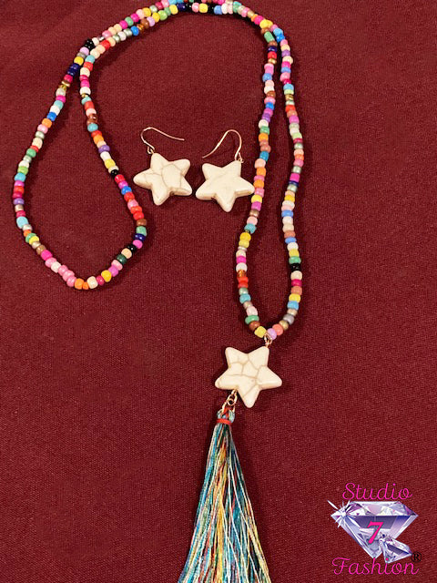 Star and Tassel Necklace Earring Set