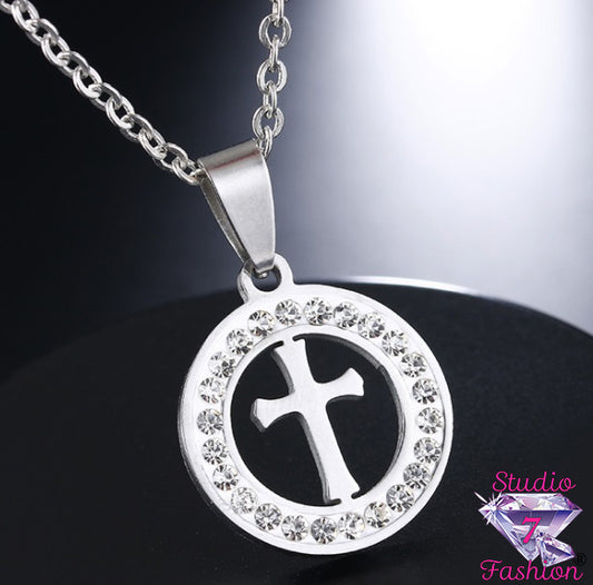 Cross in Circle and Rhinestone Necklace