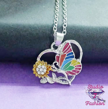 Colorful Butterfly Floral Heart Necklace