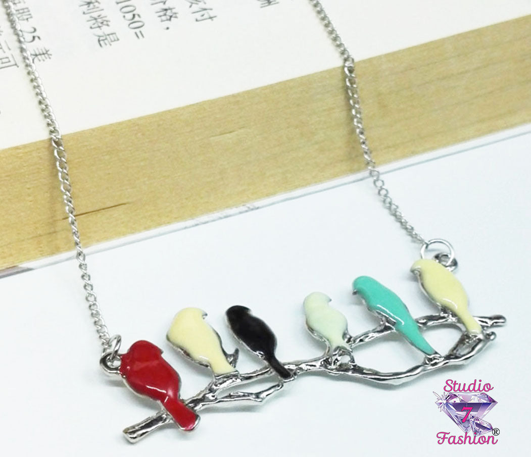 Multicolor Birds On Branch Necklace