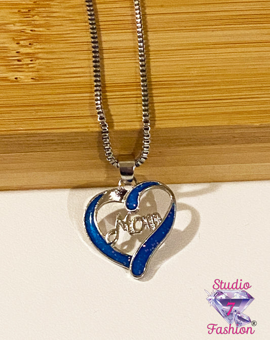 Mom In Heart Blue Sparkle Necklace