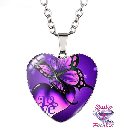 Butterfly Love Heart Purple Necklace