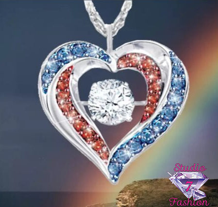 Red White Blue Rhinestone Heart Necklace