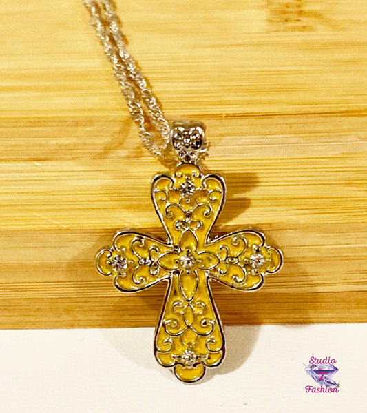 Filigree Cross Necklace with Rhinestones