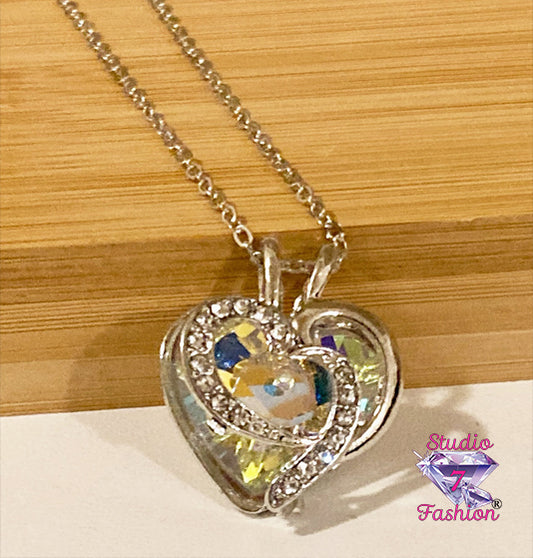 Iridescent Rhinestone Filled Heart Necklace