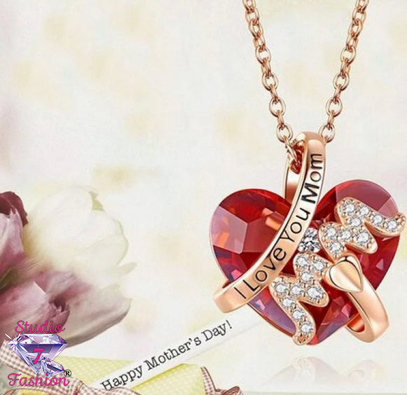 Ruby/Gold Heart I Love You Mom Necklace