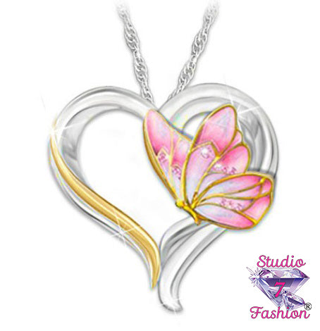 Pink Butterfly Heart Necklace