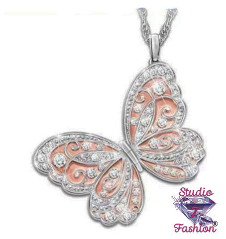 Pink Butterfly Rhinestone Necklace