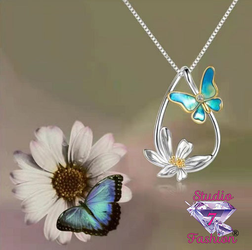 Teardrop Butterfly and Flower Necklace