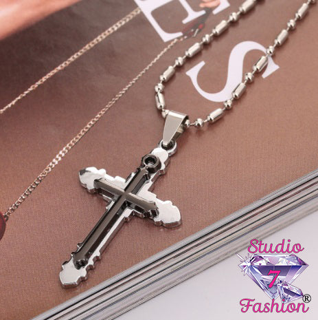 Double Layered Cross Ebony on Silver Necklace