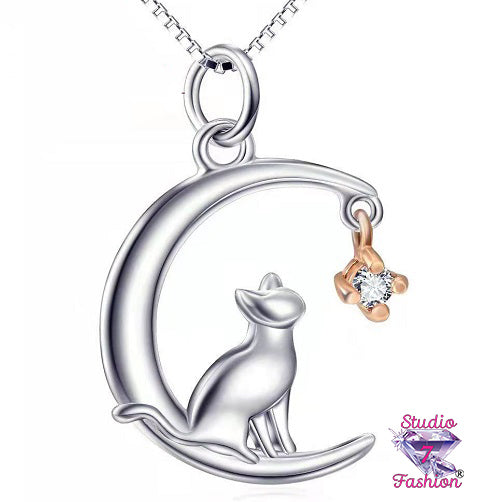 Cat Perched on Crescent Necklace