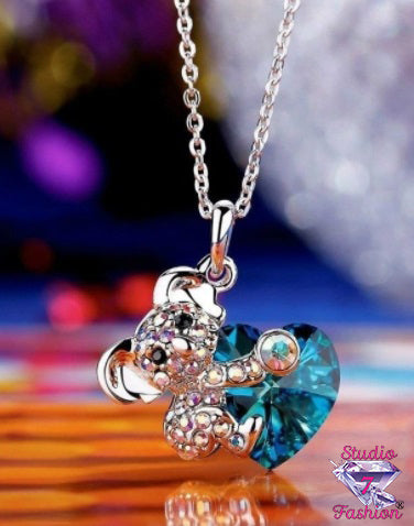 Koala Bear Holding Sapphire Heart Necklace