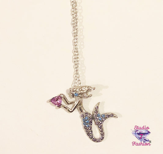 Pink Mermaid Holding Heart Necklace