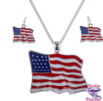 Waving USA Flag Necklace Earrings Set