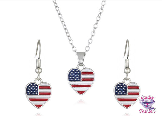 USA Heart Necklace Earring Set