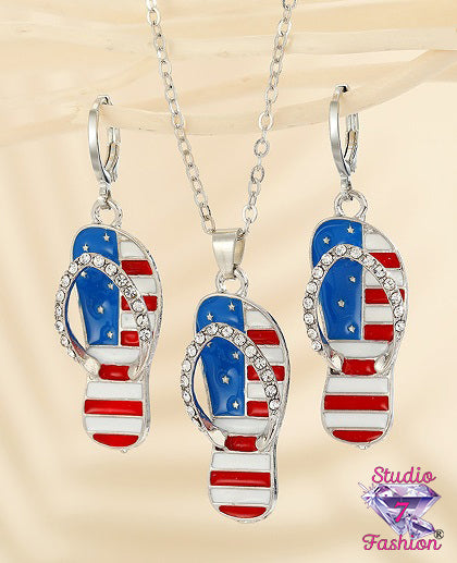 Sandals American Flag Necklace Earrings Set