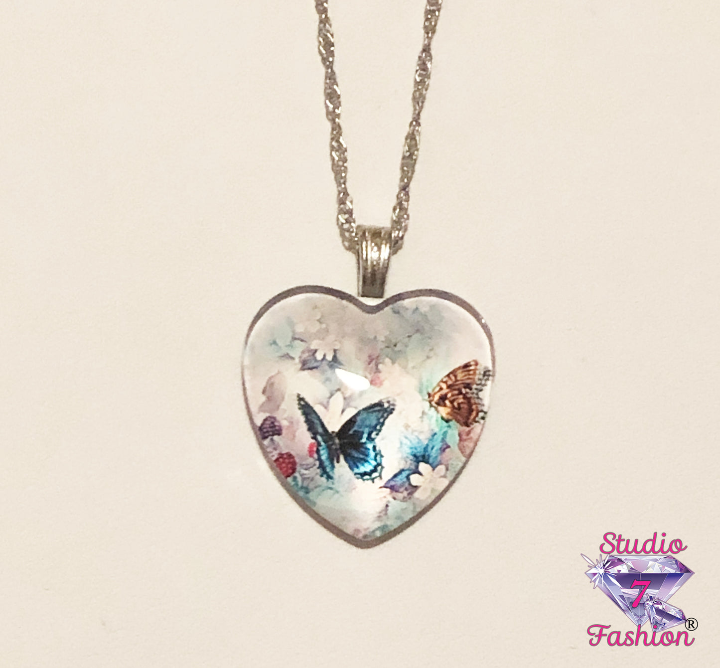 Frosted Heart Butterflies Necklace