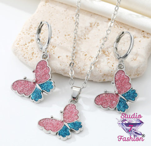 Pink/Blue Butterfly Necklace Earring Set