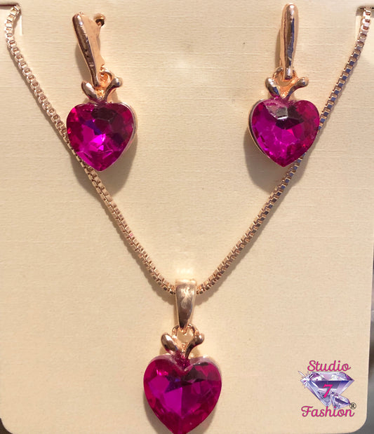 Elegant Rose Gold Ruby Heart Necklace Earring Set