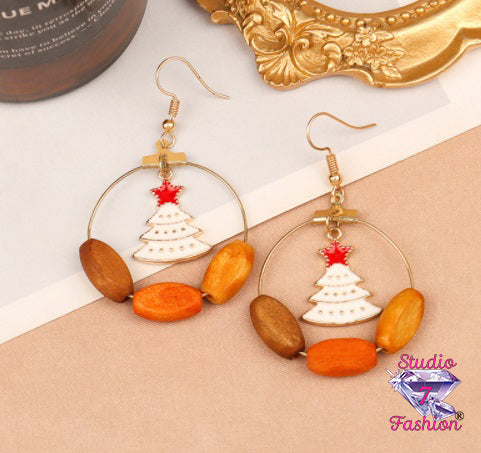 White Christmas Tree Hoop Earrings