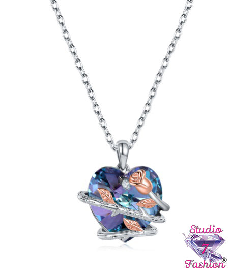 Blue/Purple Rose Wrapped Heart Necklace