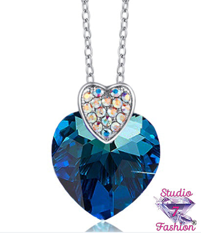 Deep Blue Rhinestone Heart Necklace