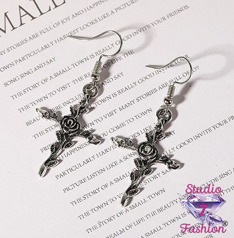 Climbing Rose Cross Earrings