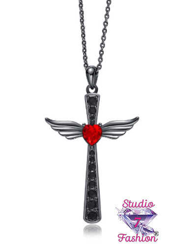 Ruby Heart Angel Cross Necklace