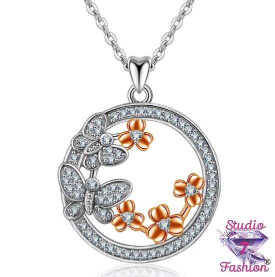 Circle Butterfly Floral Necklace