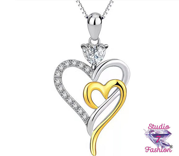 Double Heart Gold Rhinestone Necklace