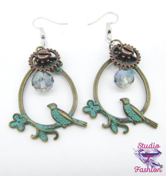 Steampunk Bird Hoop Earrings