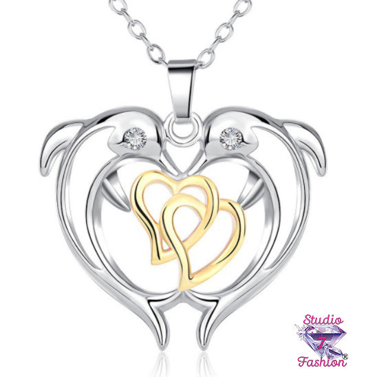 Double Dolphin Golden Hearts Necklace