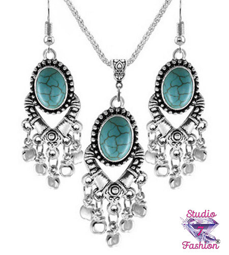 Dangling Silver Turquoise Necklace Earring Set