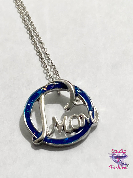 Blue Mom Heart Necklace