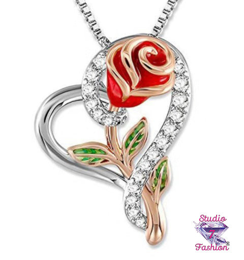 Rose Rhinestone Heart Necklace