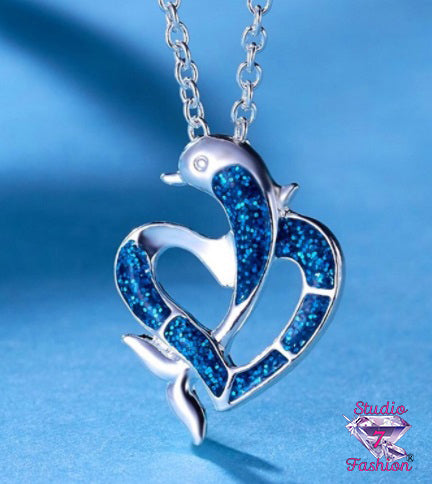 Dolphin Cobalt Blue Heart Necklace