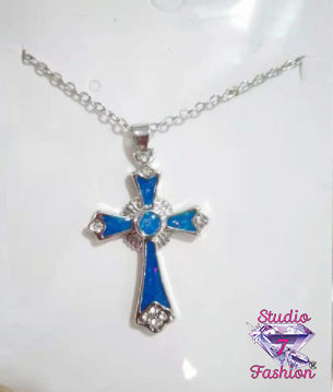 Sapphire Rhinestone Cross Necklace