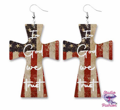 In God We Trust Patriotic Cross Earrings