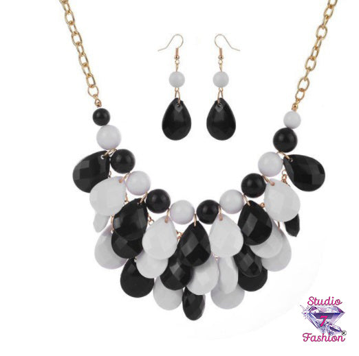 Bold Statement Black/White Baubles Necklace Earring Set