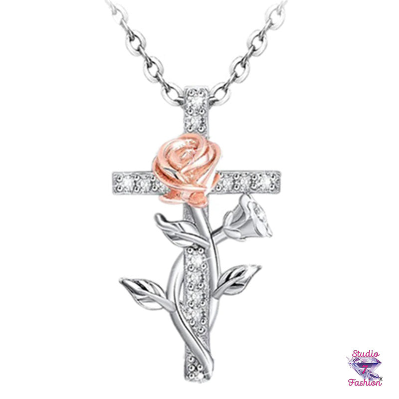 Climbing Rose Rhinestone Cross Necklace