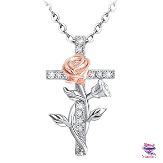 Climbing Rose Rhinestone Cross Necklace