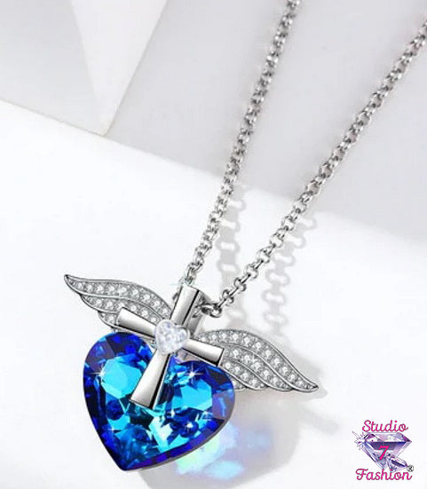 Angel Wing Sapphire Heart Cross Necklace