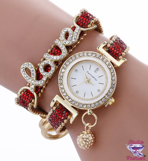 Rhinestone Love Watch Bracelet Red