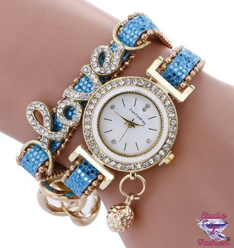 Rhinestone Love Watch Bracelet Blue