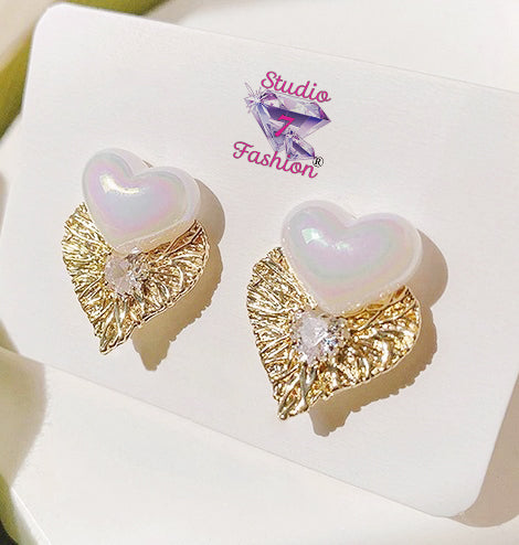 Pearlescent Gold Double Heart Earrings