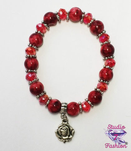 Agate Bead w/Rose Charm Bracelet