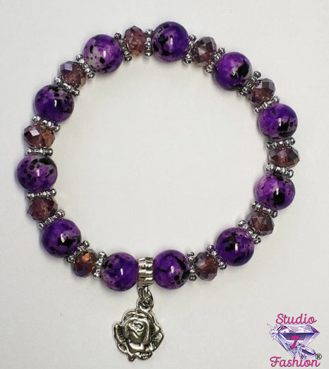 Purple Bead w/Rose Charm Bracelet