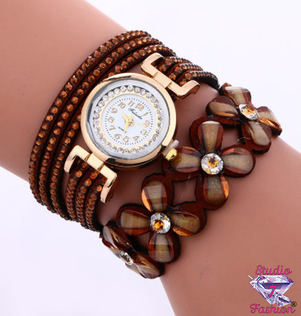 Coffee Floral Rhinestone Multilayer Watch